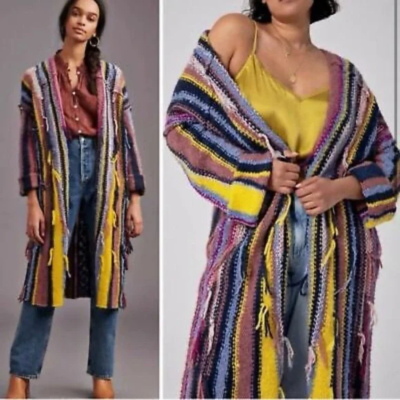Anthropologie Multicolor Striped Cardigan Boho Chic Chunky Knit Bohemian Layer - Picture 1 of 14